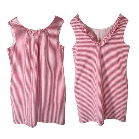 Crown and Ivy Pink White Seersucker Stripe Open Back Knee Length Ruffle Dress 10 - Picture 1 of 8